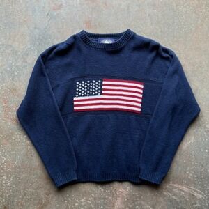 VTG American Creations Polo RL Style Navy Blue Knit Sweater USA Flag Women's S